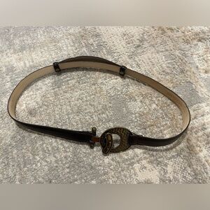 Chicos Vintage Belt M/L Brown Genuine Leather Beaten Gold Buckle Adjustable Rare